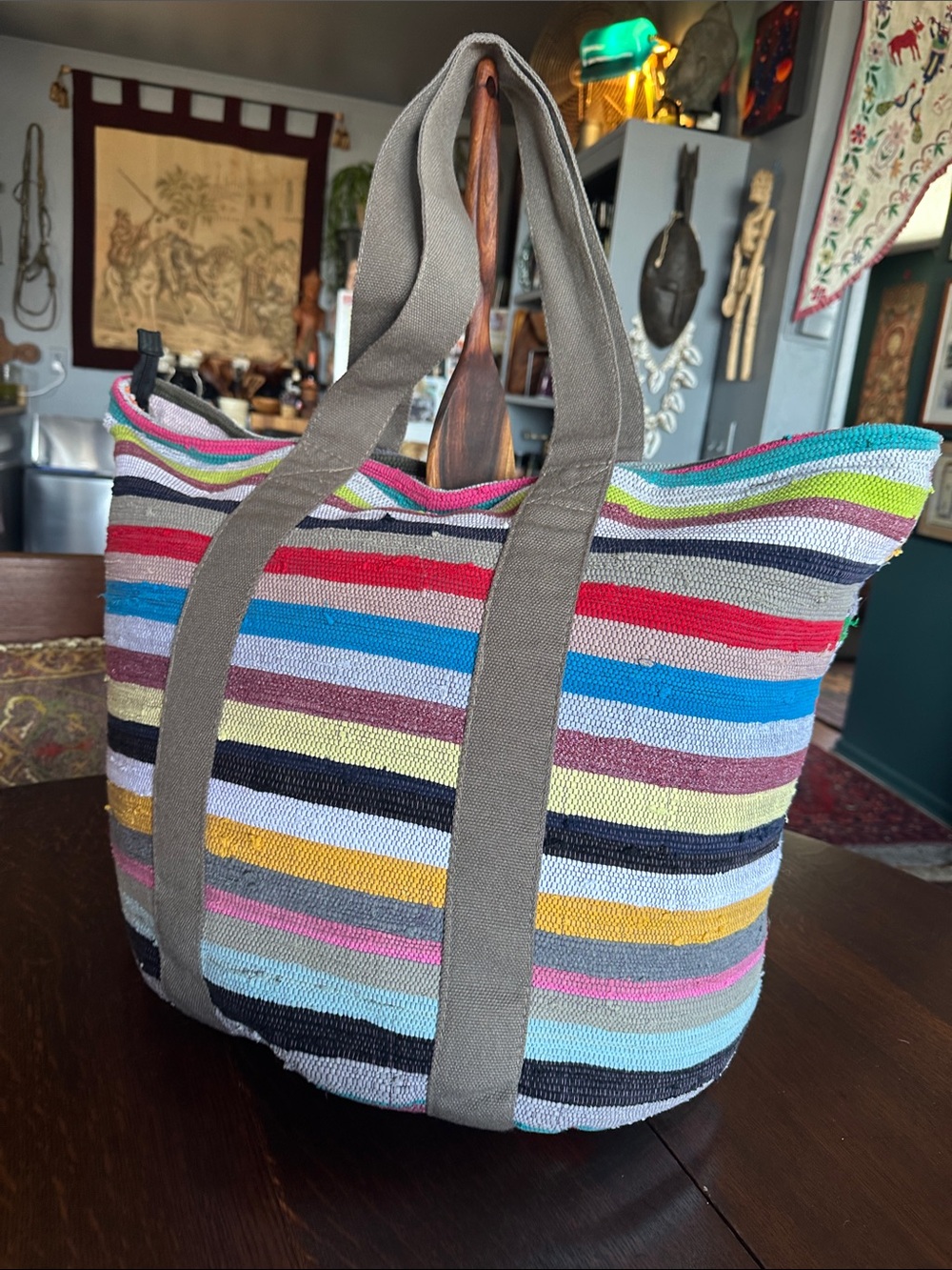 🇿🇦Multicolor Striped Festive HUGE Canvas Tote w Grey Handles Unisex OOAK travel